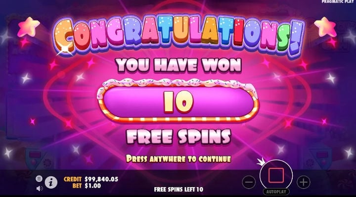 Tres cohetes dan acceso a 10 giros gratis en el juego Sugar Rush
